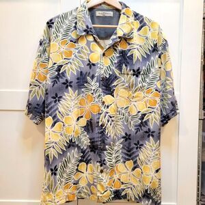100% Silk Men's Tommy Bahama Floral Hawaiian Shirt Blue and Yellow